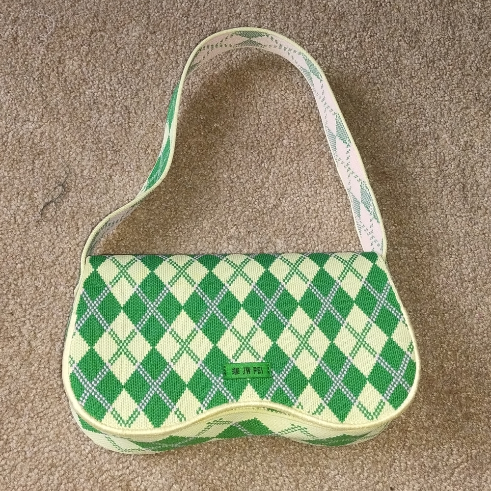JW PEI Green and Cream Argyle Shoulder Bag